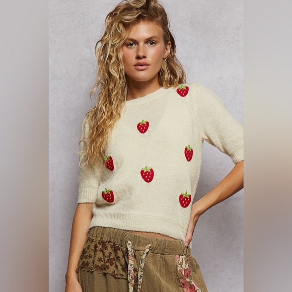 POL Round Neck Strawberry Patch Sweater with Shirring Shoulder - Picture 1 of 6